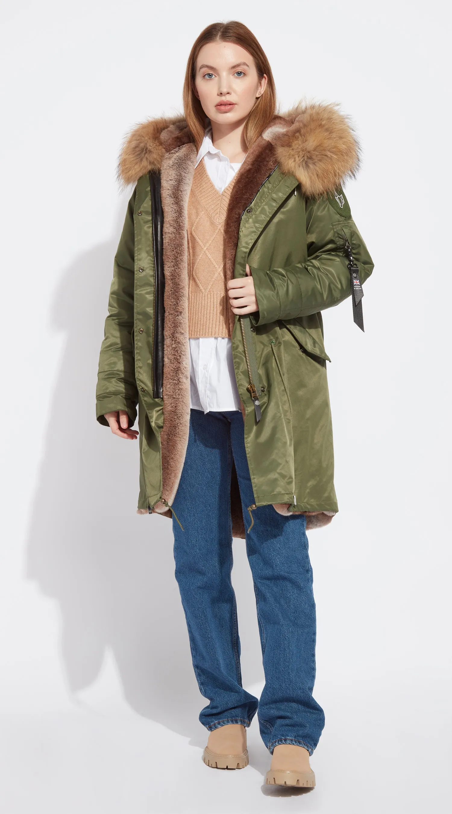 Womens Khaki Water-Repellent Luxy Fur Parka - 3/4 Natural