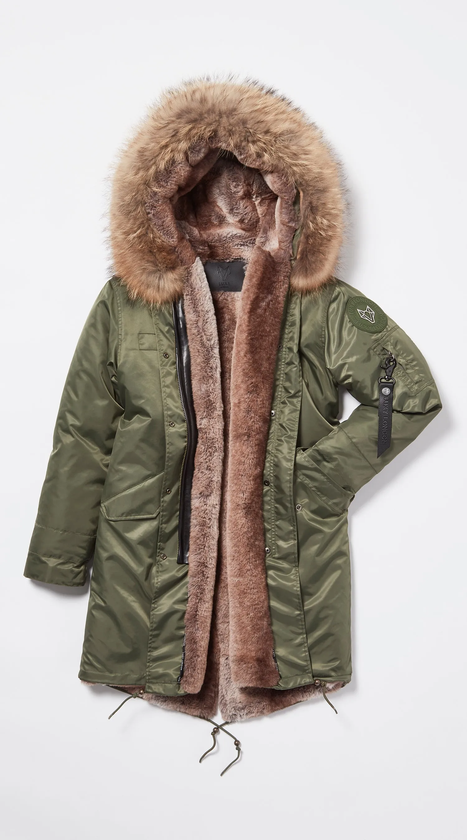 Womens Khaki Water-Repellent Luxy Fur Parka - 3/4 Natural