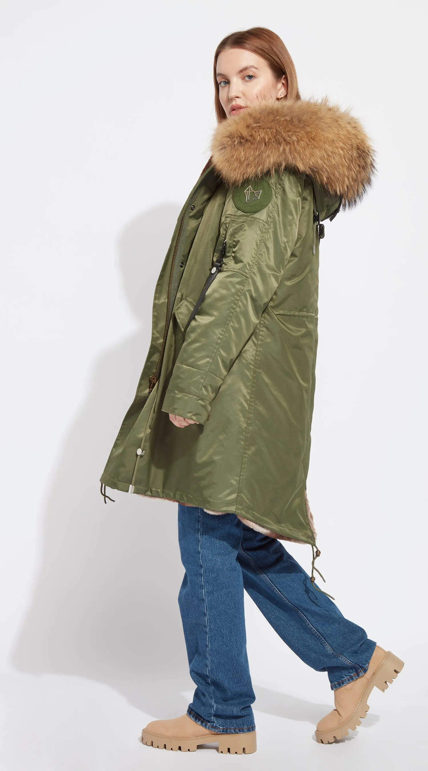 Womens Khaki Water-Repellent Luxy Fur Parka - 3/4 Natural