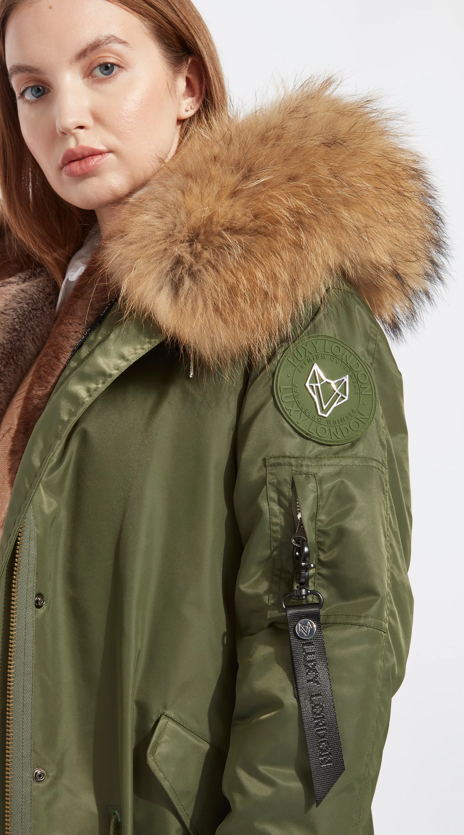 Womens Khaki Water-Repellent Luxy Fur Parka - 3/4 Natural