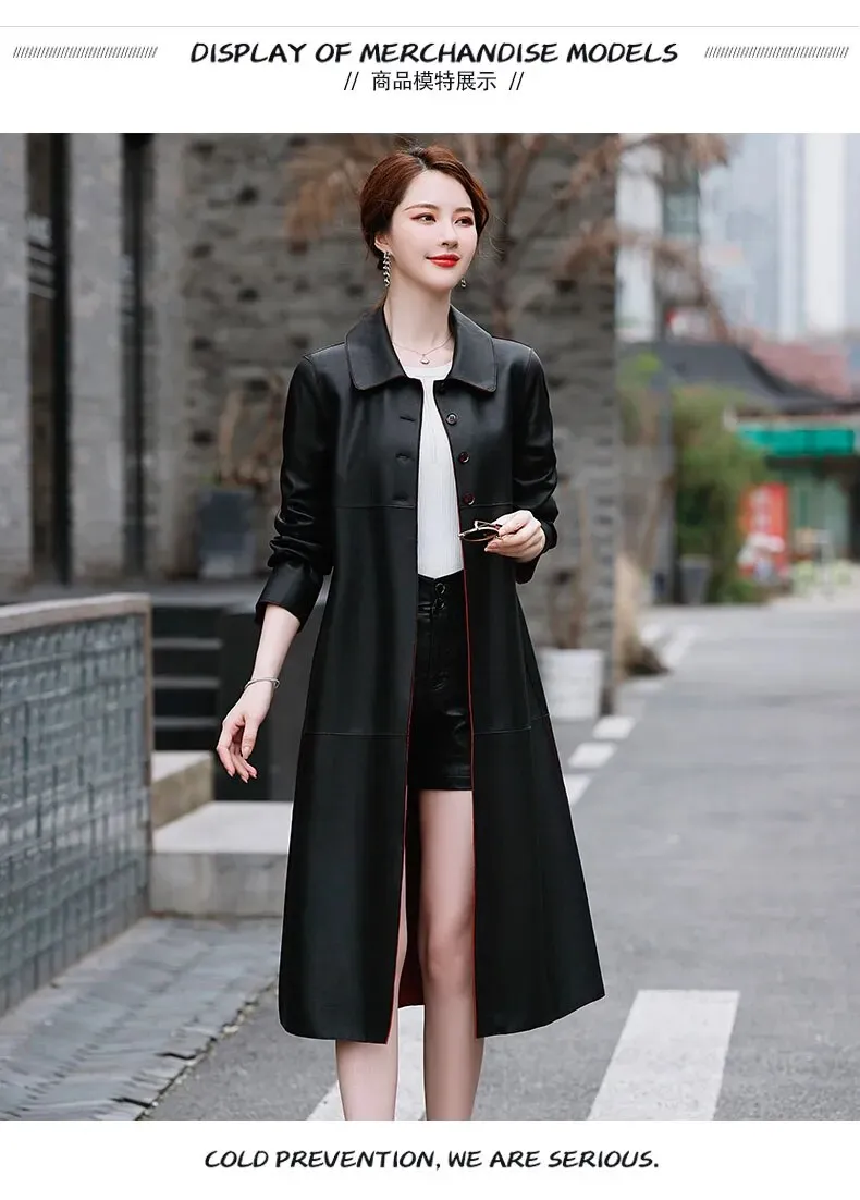 Women's Korean Genuine Leather Turn-down Collar Loose Long Trench Coat