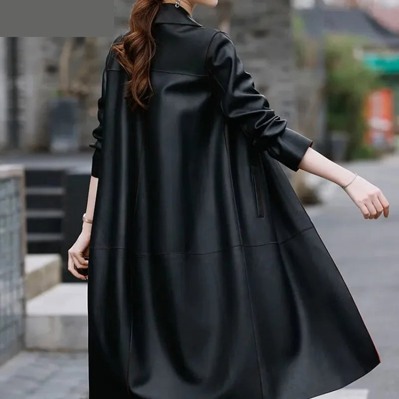 Women's Korean Genuine Leather Turn-down Collar Loose Long Trench Coat