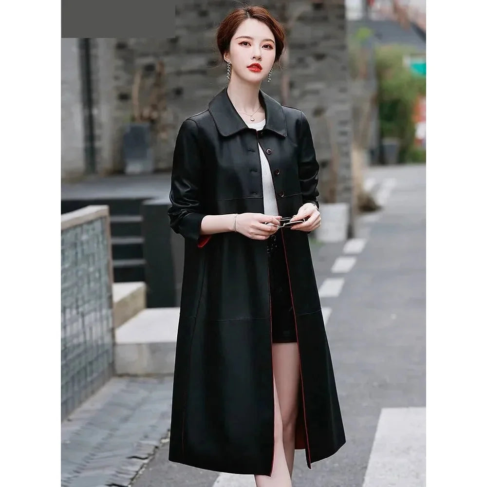 Women's Korean Genuine Leather Turn-down Collar Loose Long Trench Coat