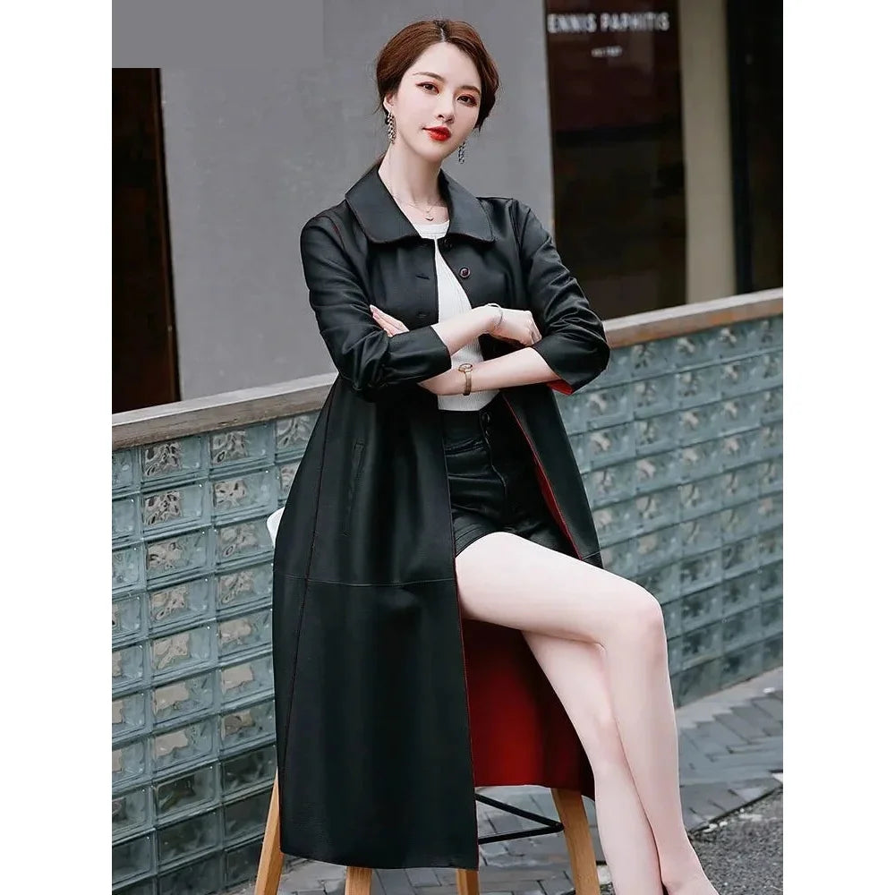 Women's Korean Genuine Leather Turn-down Collar Loose Long Trench Coat