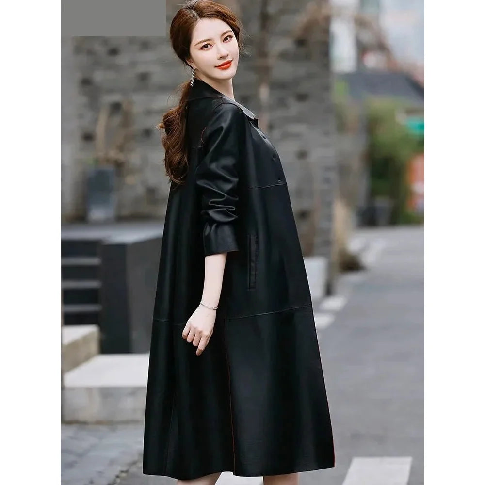 Women's Korean Genuine Leather Turn-down Collar Loose Long Trench Coat