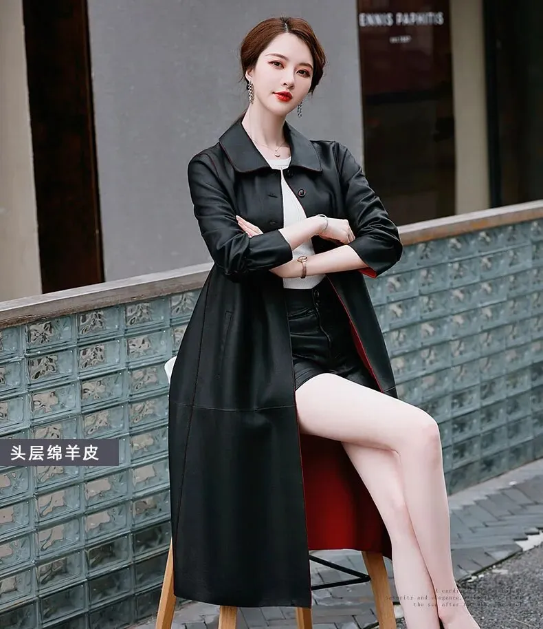 Women's Korean Genuine Leather Turn-down Collar Loose Long Trench Coat