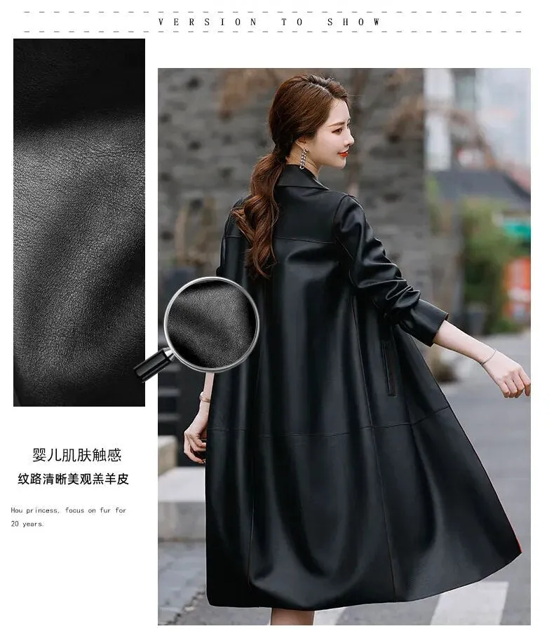 Women's Korean Genuine Leather Turn-down Collar Loose Long Trench Coat