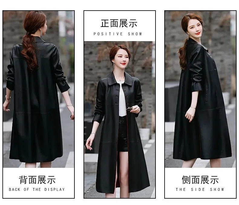 Women's Korean Genuine Leather Turn-down Collar Loose Long Trench Coat