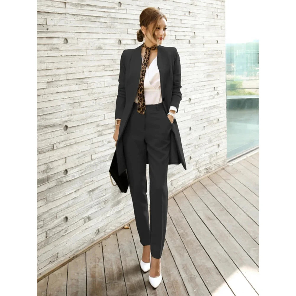 Women's Korean Office Formal V-Neck Belt Coat Skinny Fit Pants Set