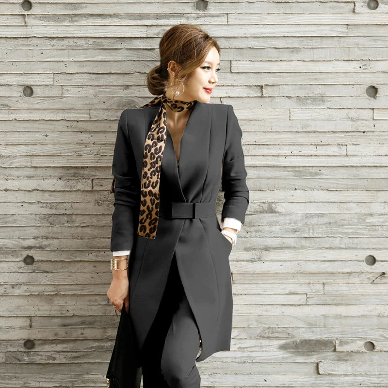 Women's Korean Office Formal V-Neck Belt Coat Skinny Fit Pants Set