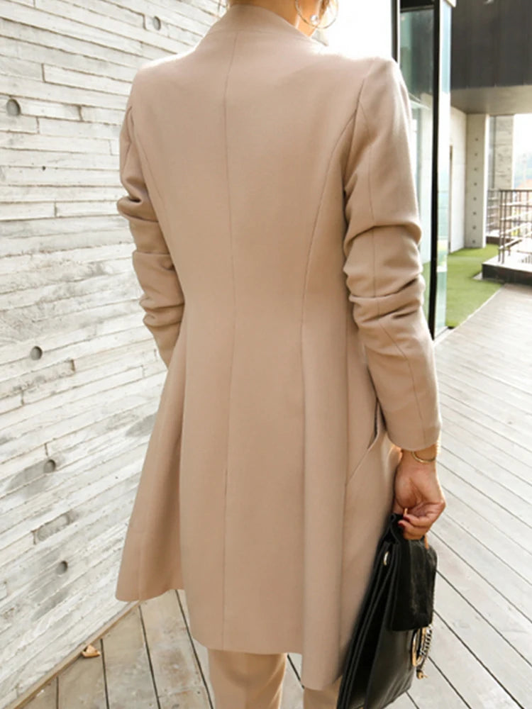 Women's Korean Office Formal V-Neck Belt Coat Skinny Fit Pants Set