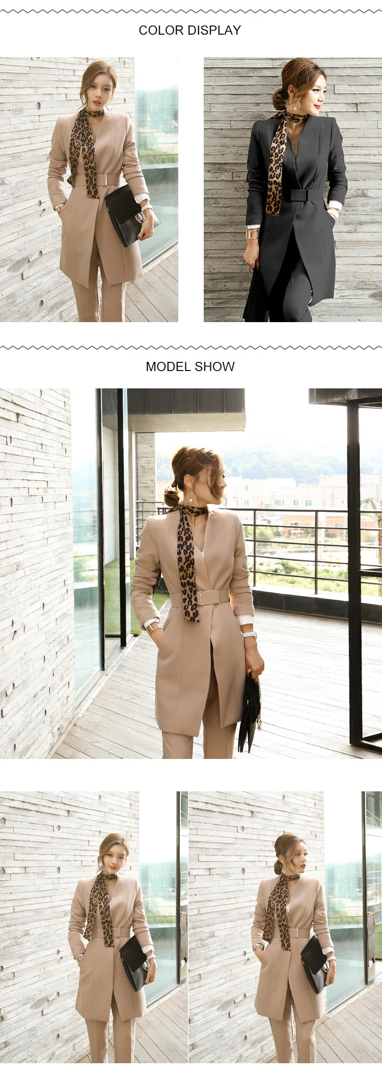 Women's Korean Office Formal V-Neck Belt Coat Skinny Fit Pants Set