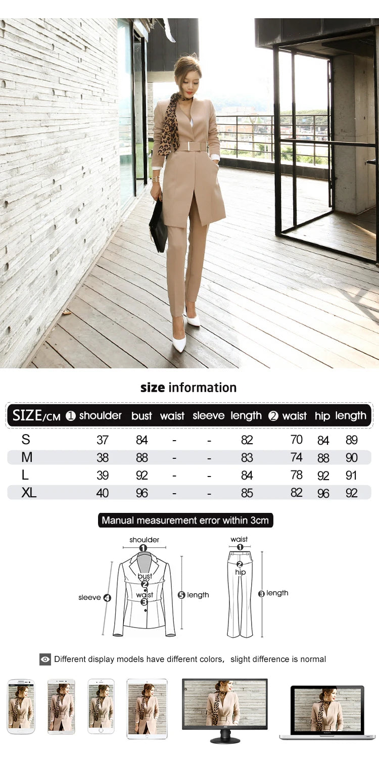 Women's Korean Office Formal V-Neck Belt Coat Skinny Fit Pants Set