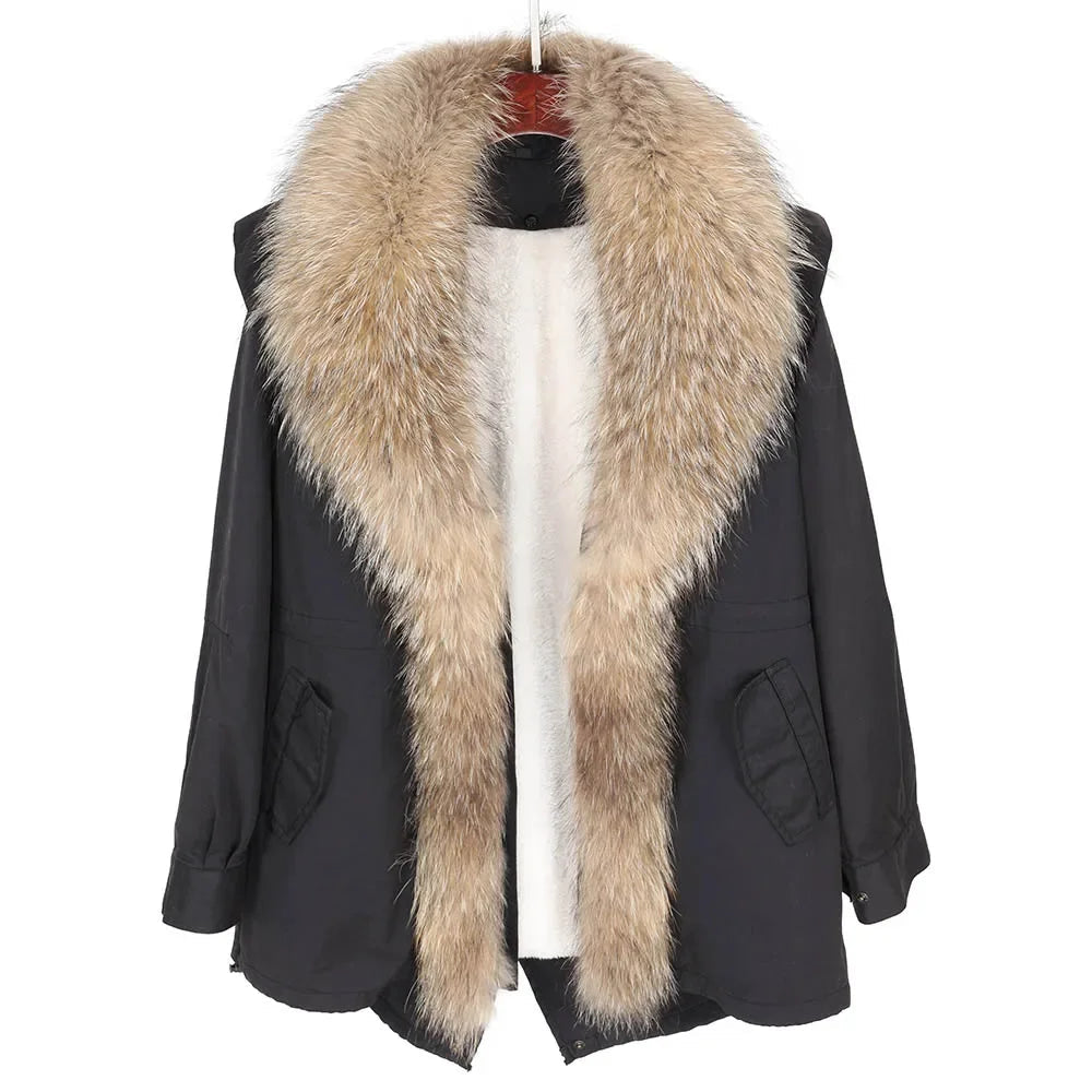 Women's Korean Style Natural Scorpion Fur Collar Cotton Long Winter Coat