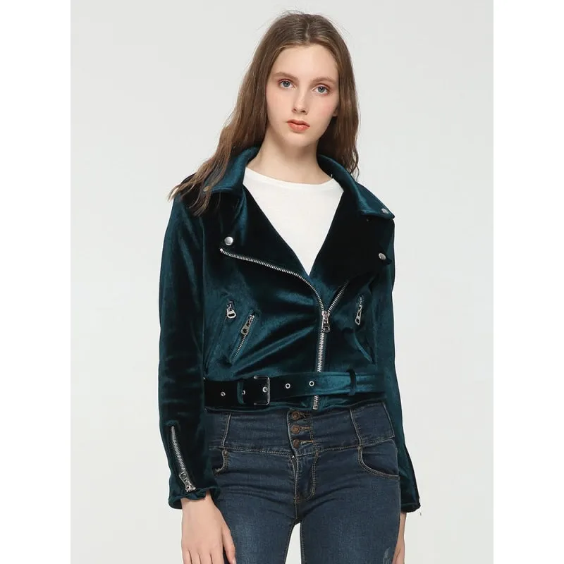 Women's Lake Blue Synthetic Suede Leather Moto Biker Zipper Coat with Belt