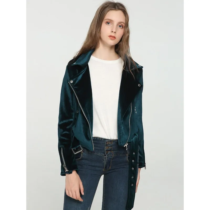 Women's Lake Blue Synthetic Suede Leather Moto Biker Zipper Coat with Belt