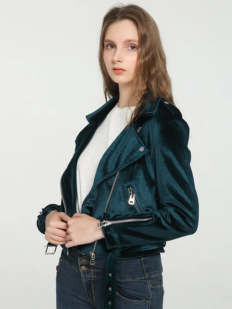 Women's Lake Blue Synthetic Suede Leather Moto Biker Zipper Coat with Belt