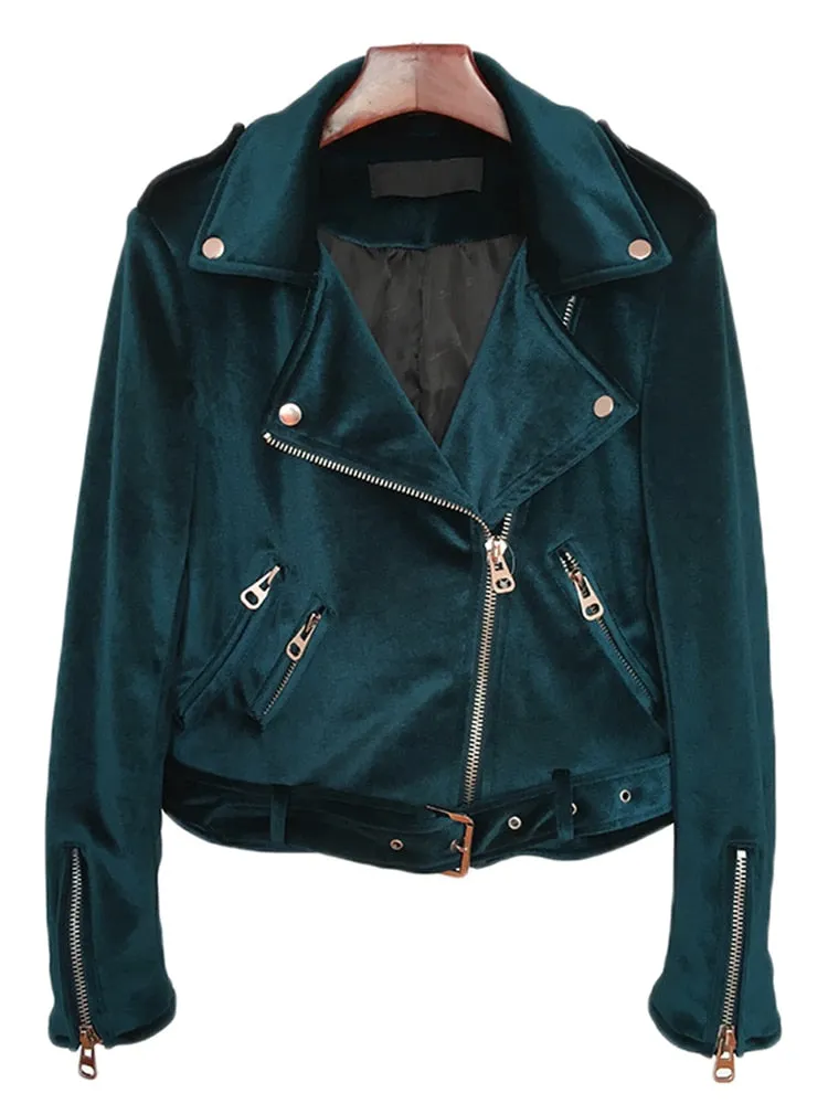 Women's Lake Blue Synthetic Suede Leather Moto Biker Zipper Coat with Belt