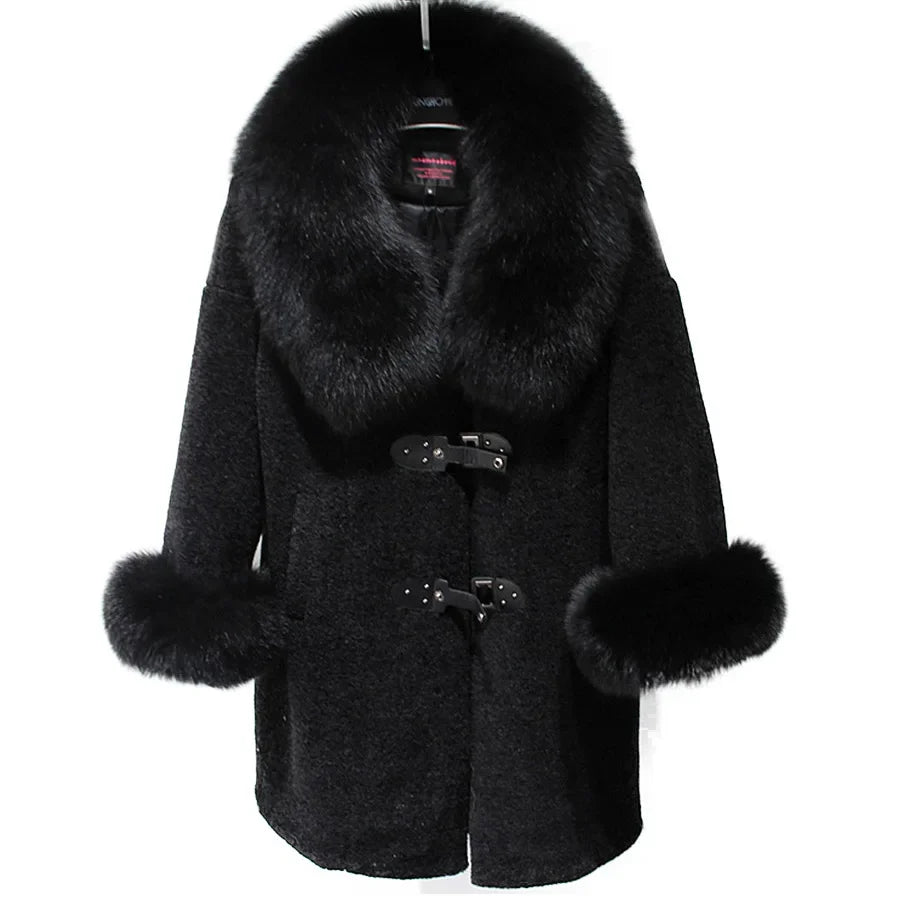 Women's Luxury Natural Fox Fur O-Neck Collar Mid-length Winter Coat