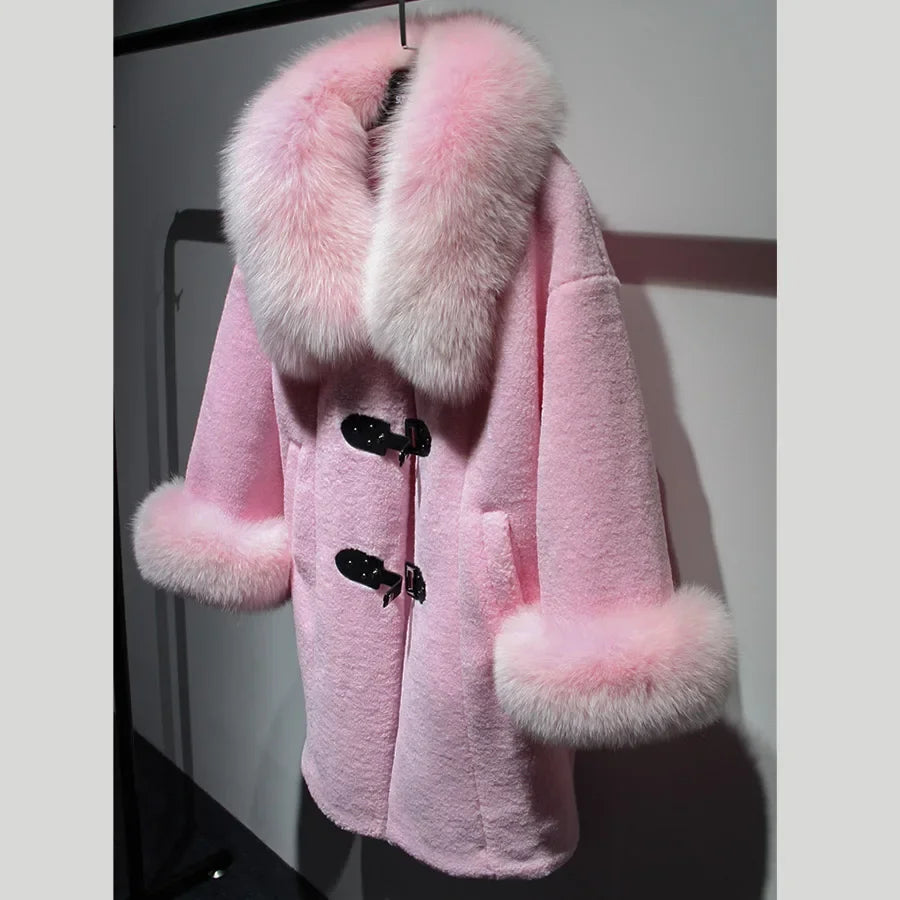 Women's Luxury Natural Fox Fur O-Neck Collar Mid-length Winter Coat