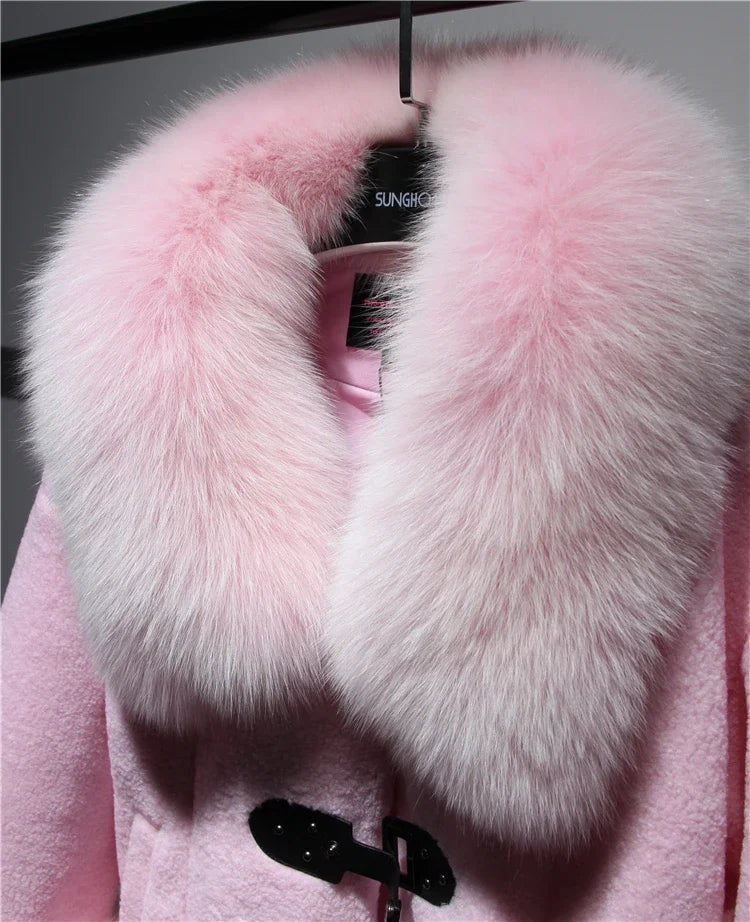 Women's Luxury Natural Fox Fur O-Neck Collar Mid-length Winter Coat