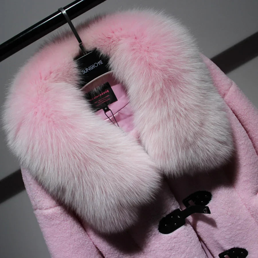 Women's Luxury Natural Fox Fur O-Neck Collar Mid-length Winter Coat