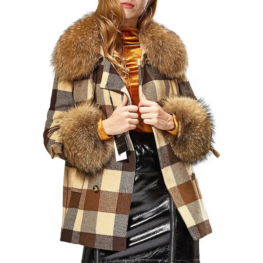 Women's Real Raccoon Fur Collar Removable Cuffs Plaid Pattern Winter Coat