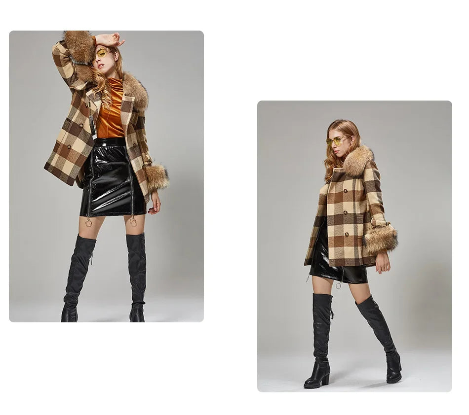 Women's Real Raccoon Fur Collar Removable Cuffs Plaid Pattern Winter Coat