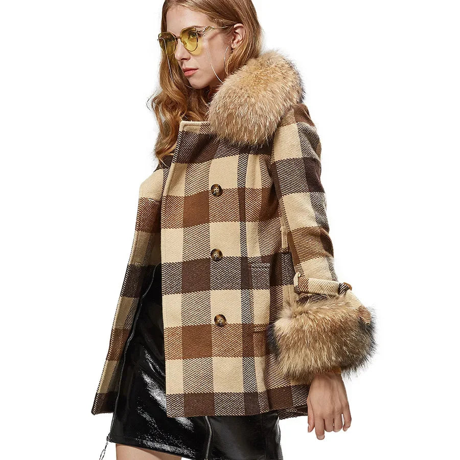 Women's Real Raccoon Fur Collar Removable Cuffs Plaid Pattern Winter Coat