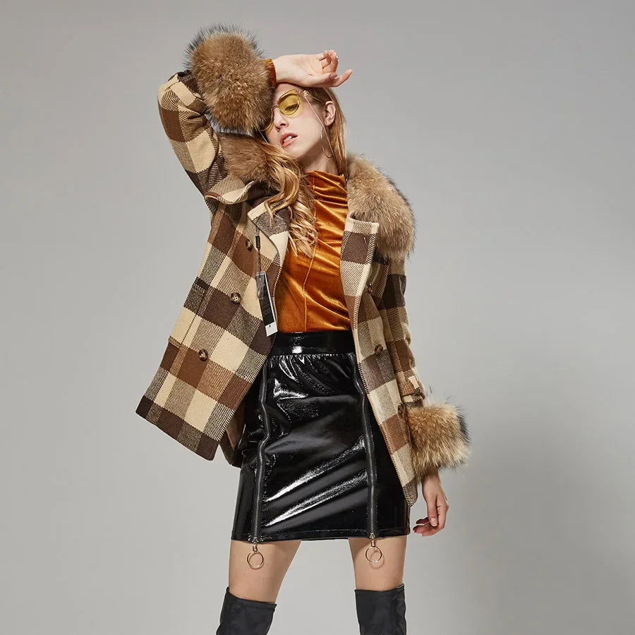 Women's Real Raccoon Fur Collar Removable Cuffs Plaid Pattern Winter Coat