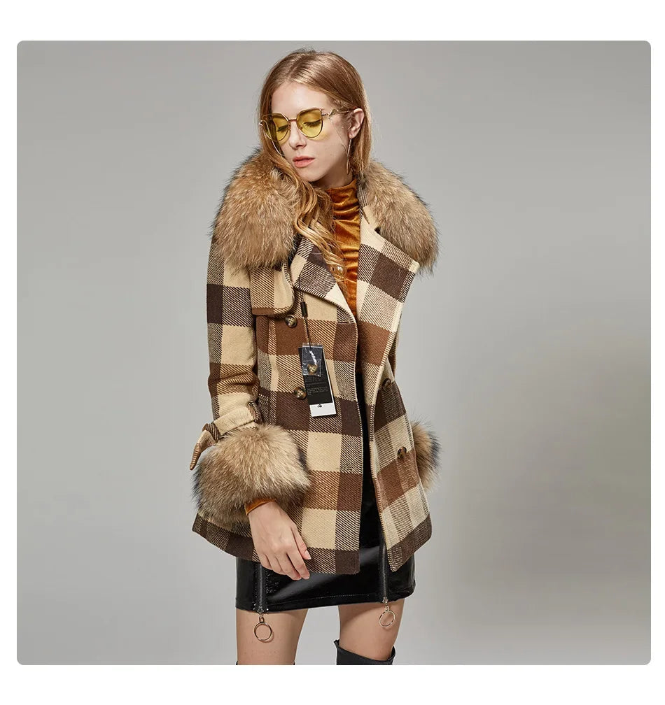 Women's Real Raccoon Fur Collar Removable Cuffs Plaid Pattern Winter Coat