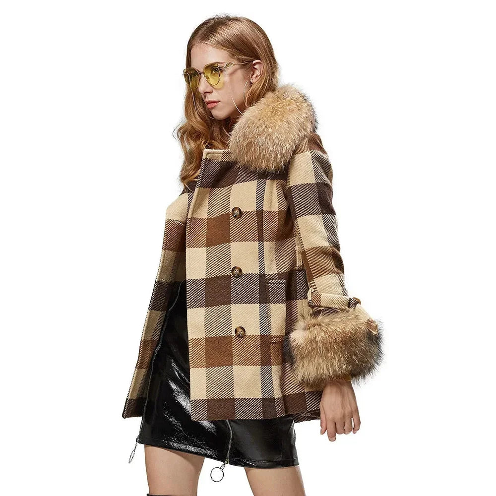 Women's Real Raccoon Fur Collar Removable Cuffs Plaid Pattern Winter Coat