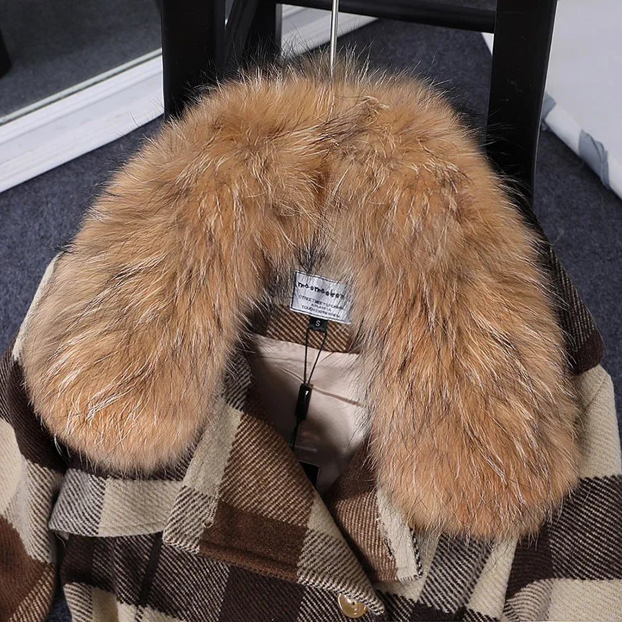 Women's Real Raccoon Fur Collar Removable Cuffs Plaid Pattern Winter Coat