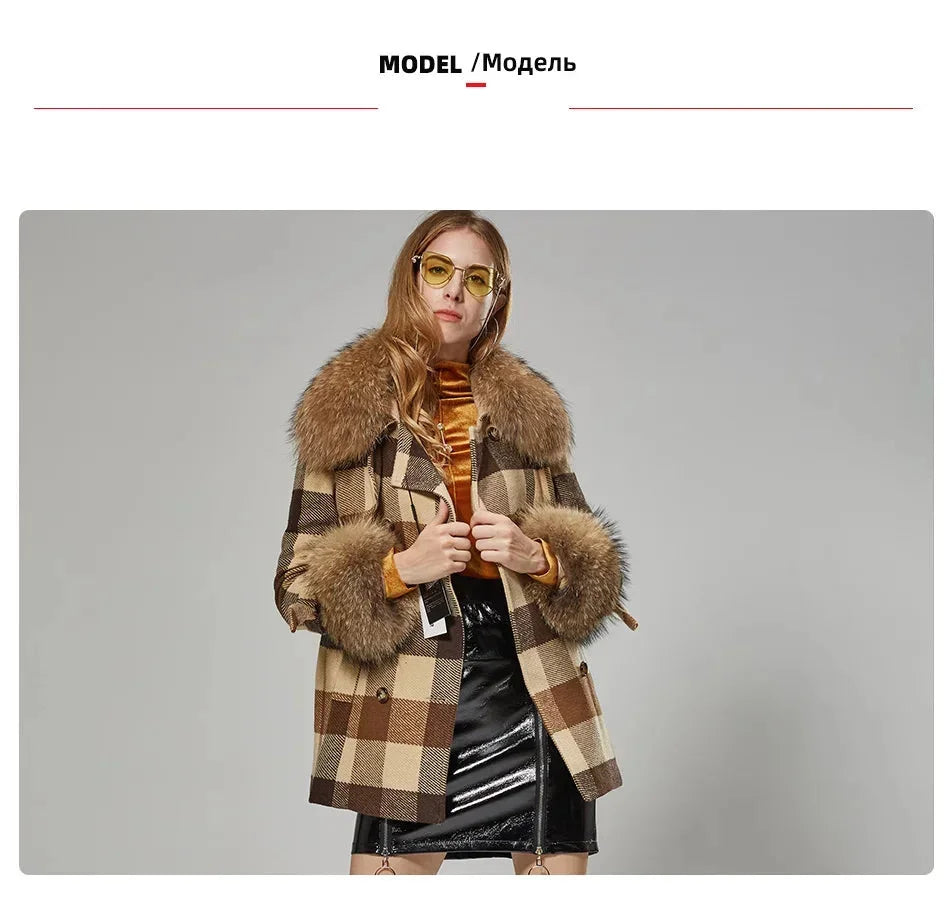 Women's Real Raccoon Fur Collar Removable Cuffs Plaid Pattern Winter Coat