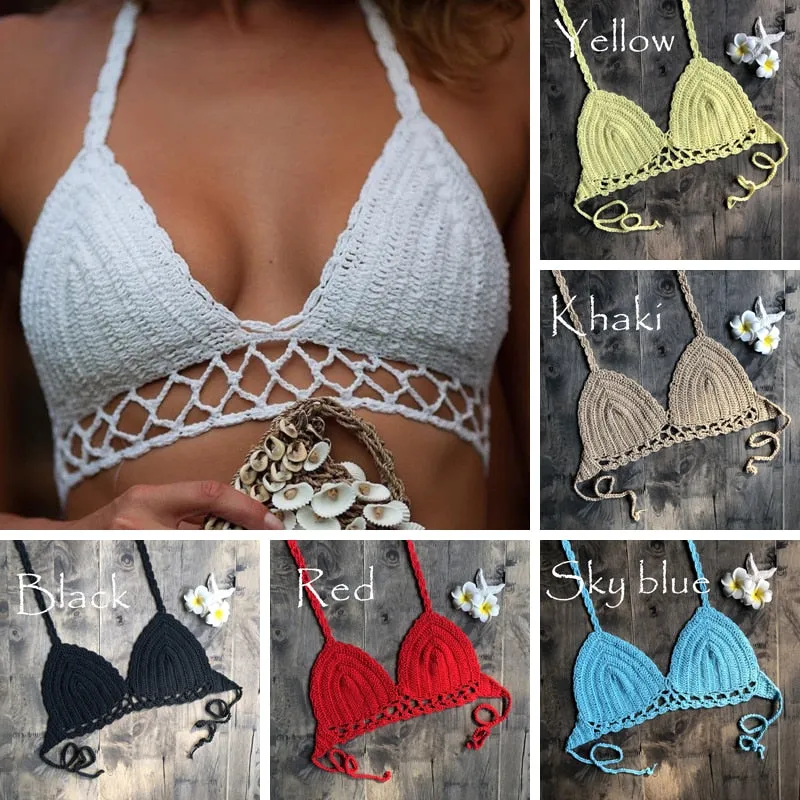 Women's Sexy Crotchet Hollow Out Bikini Halter Tank Bra Swimwear