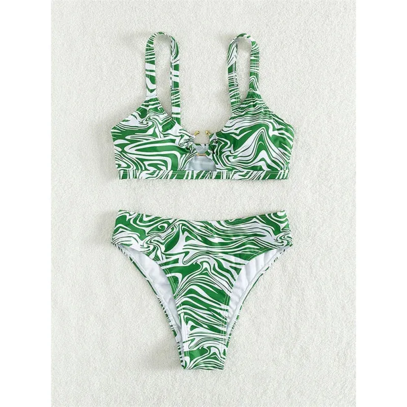 Women's Sexy Green Striped Metal Designer Cut-Out Swimwear Bikinis Set