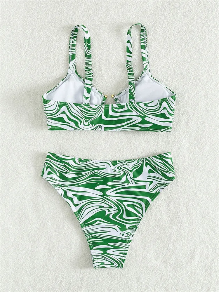 Women's Sexy Green Striped Metal Designer Cut-Out Swimwear Bikinis Set