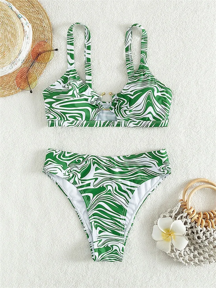 Women's Sexy Green Striped Metal Designer Cut-Out Swimwear Bikinis Set