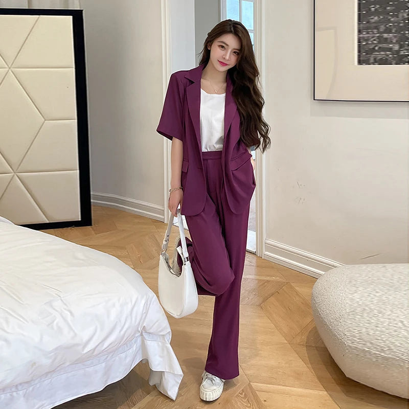 Women's Summer Formal Short Sleeve Loose Coat Wide Leg Long Pants Set