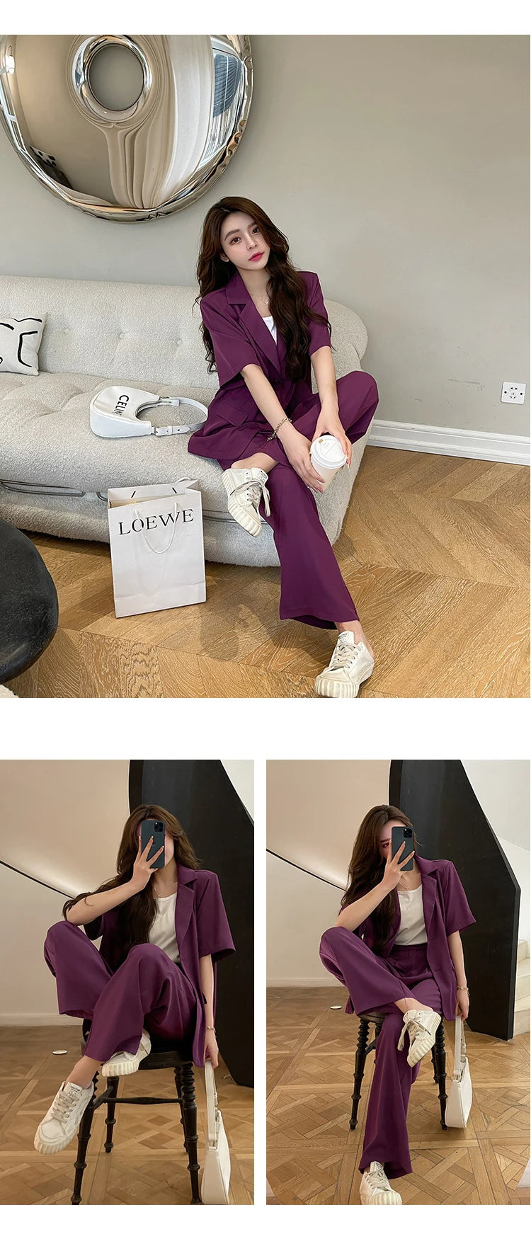 Women's Summer Formal Short Sleeve Loose Coat Wide Leg Long Pants Set