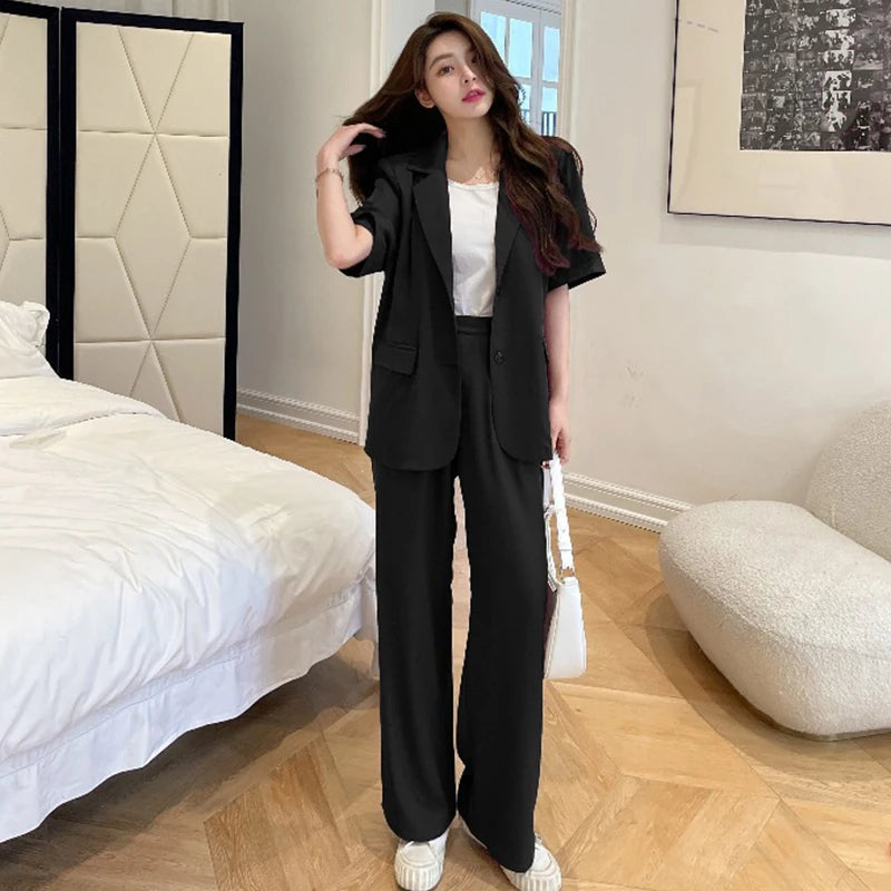 Women's Summer Formal Short Sleeve Loose Coat Wide Leg Long Pants Set