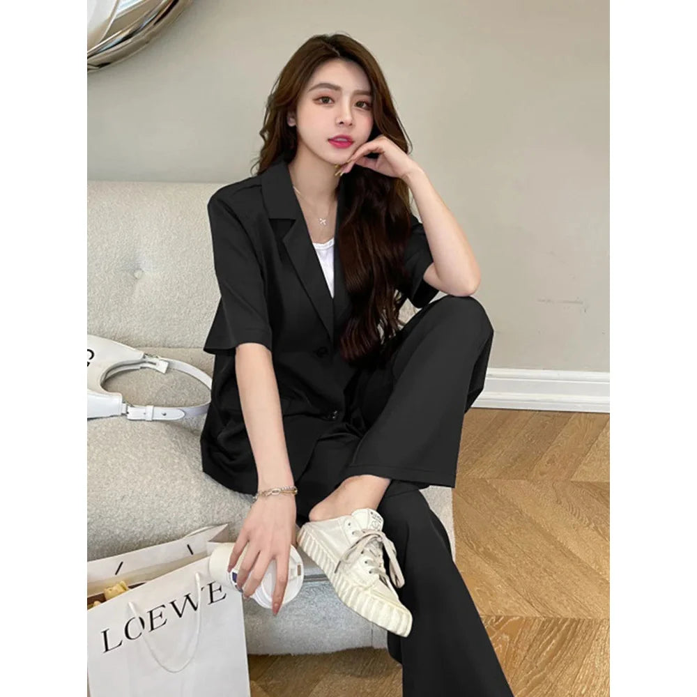 Women's Summer Formal Short Sleeve Loose Coat Wide Leg Long Pants Set