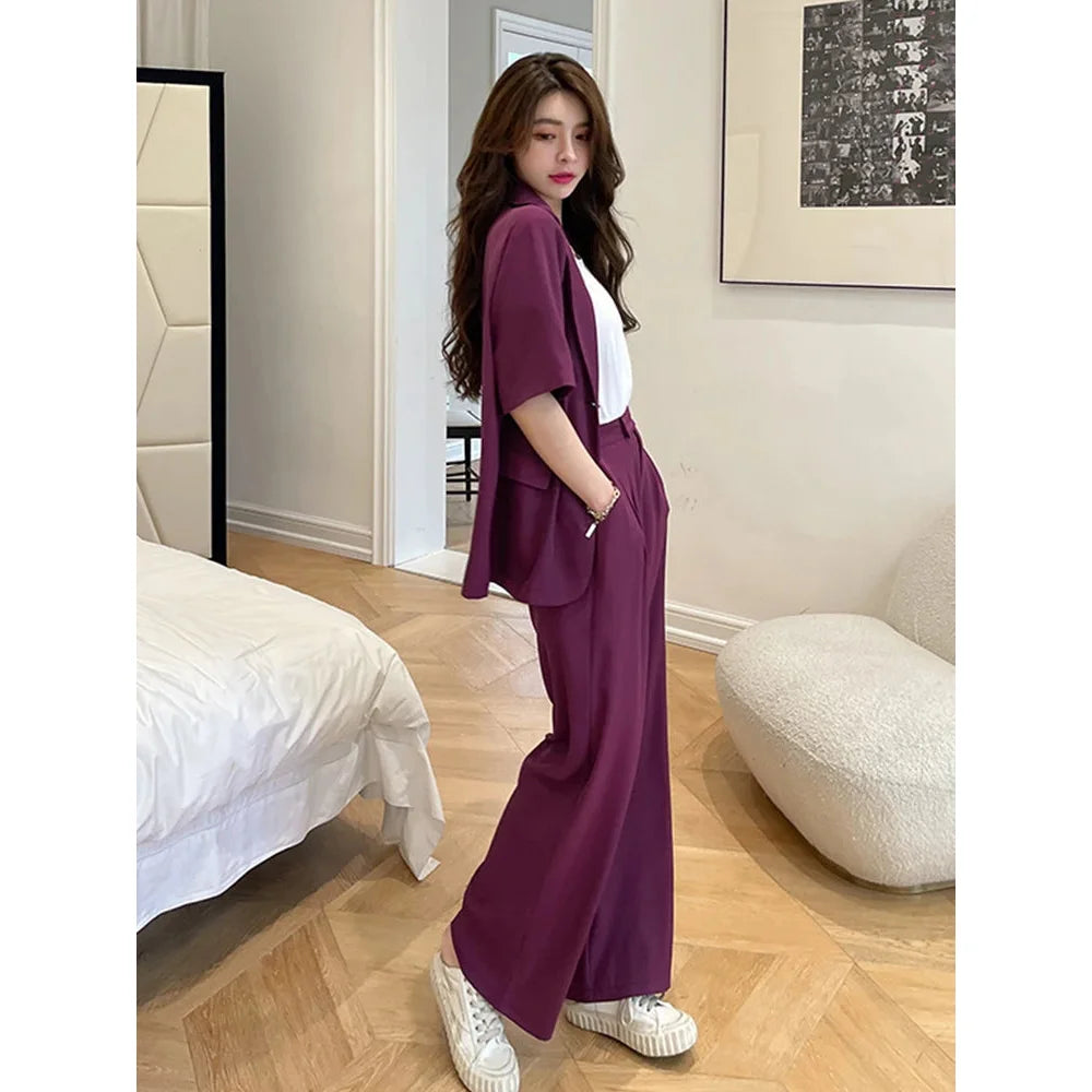 Women's Summer Formal Short Sleeve Loose Coat Wide Leg Long Pants Set