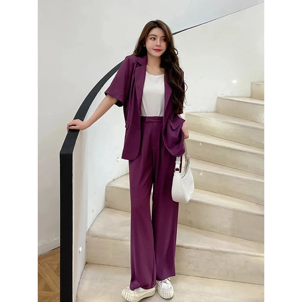 Women's Summer Formal Short Sleeve Loose Coat Wide Leg Long Pants Set