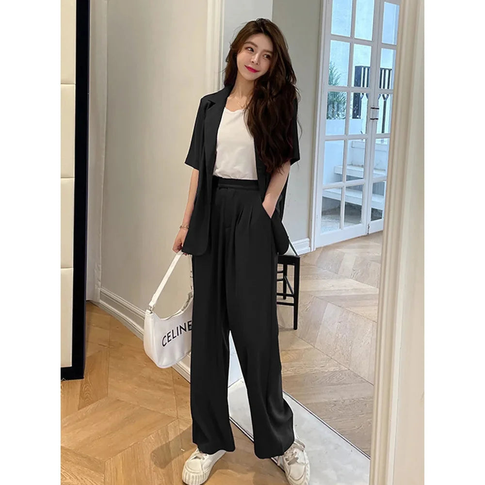 Women's Summer Formal Short Sleeve Loose Coat Wide Leg Long Pants Set