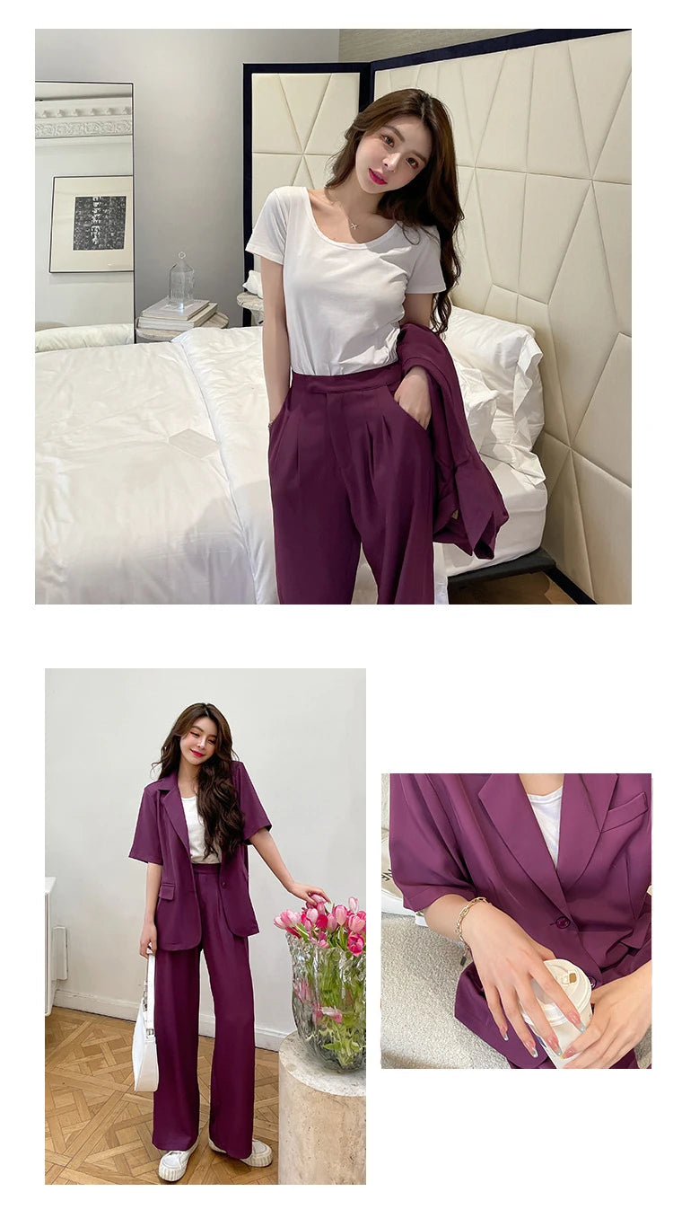 Women's Summer Formal Short Sleeve Loose Coat Wide Leg Long Pants Set