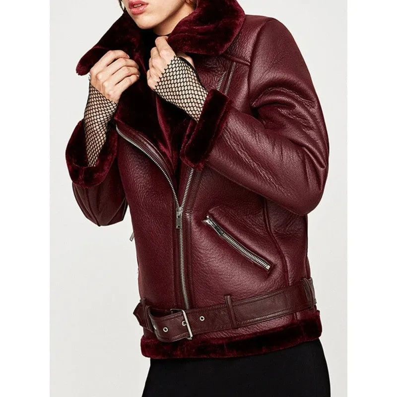 Women's Winter Thick Warm Sheepskin Leather Moto Biker Coat with Belt