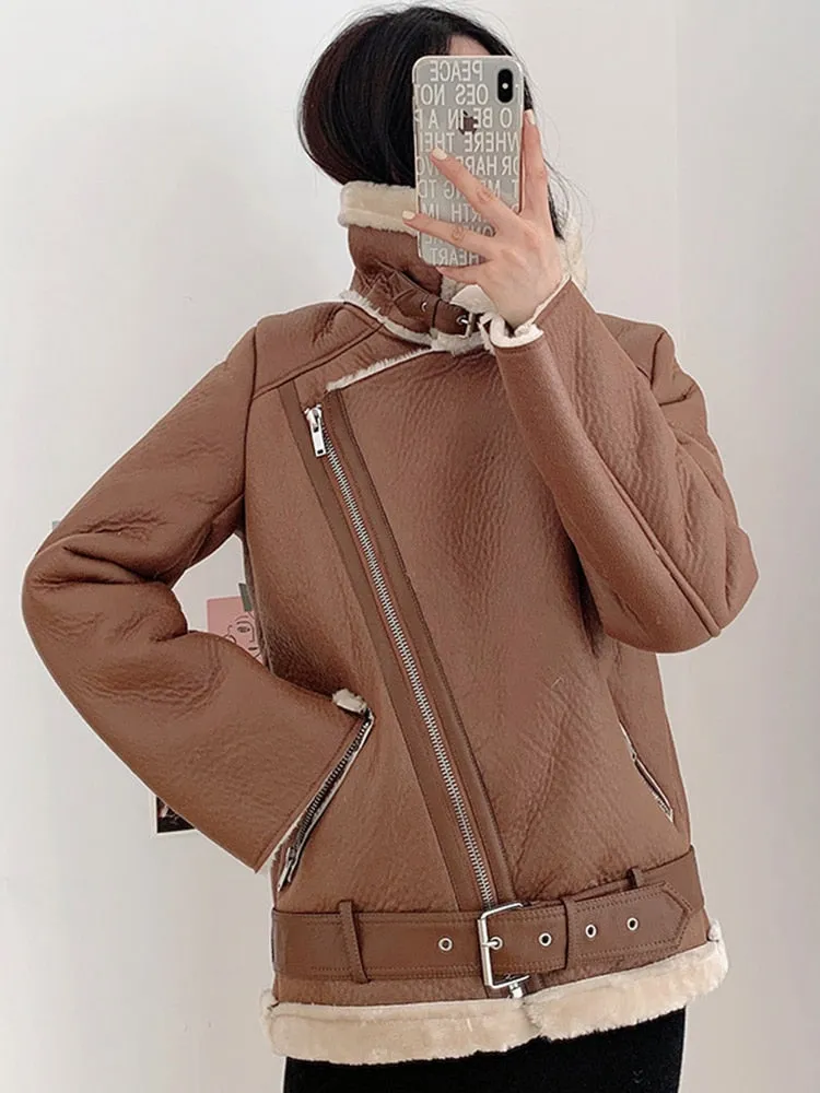 Women's Winter Thick Warm Sheepskin Leather Moto Biker Coat with Belt