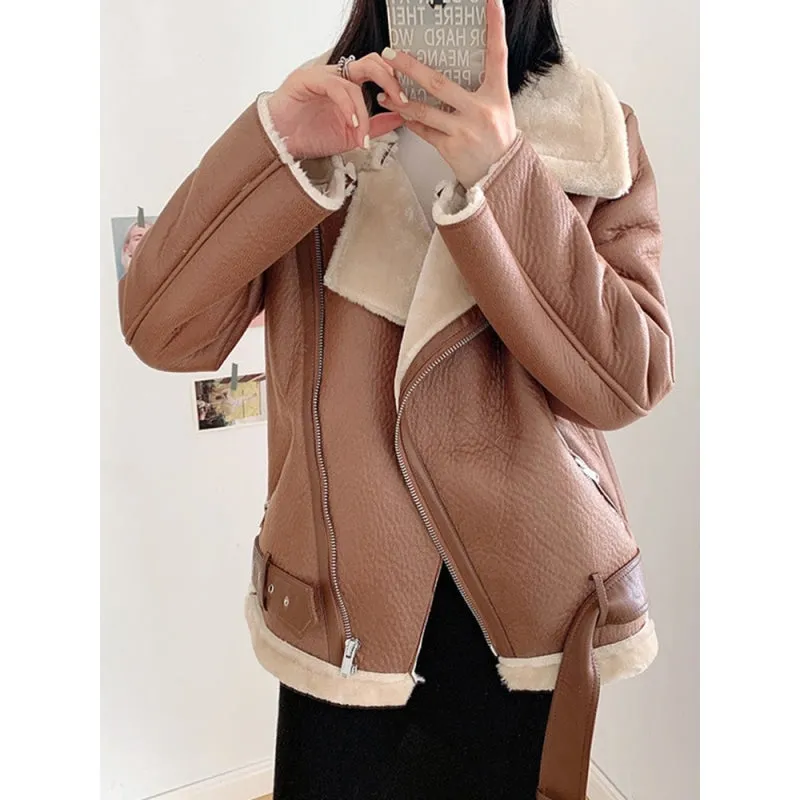 Women's Winter Thick Warm Sheepskin Leather Moto Biker Coat with Belt