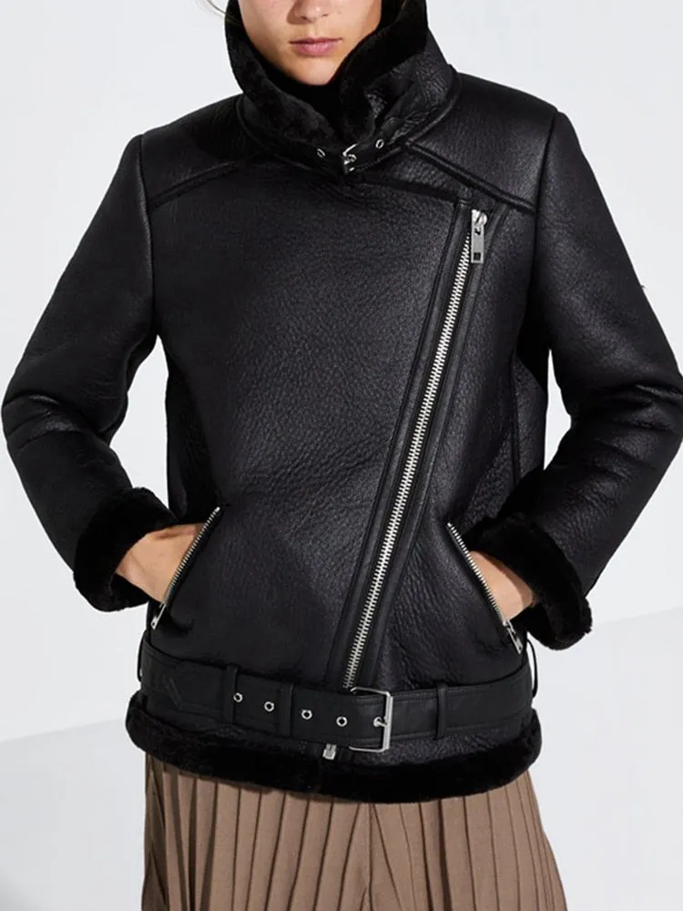 Women's Winter Thick Warm Sheepskin Leather Moto Biker Coat with Belt